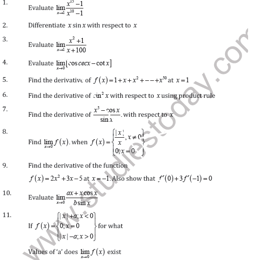 CBSE Class 11 Limits And Derivative Worksheet C